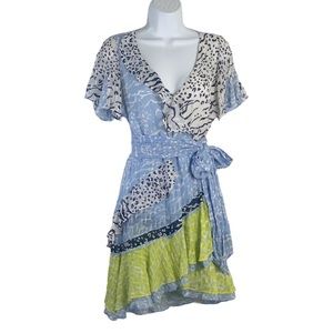 Tanya Taylor Bianka Blue Mixed Print Wrap Dress Sz 2